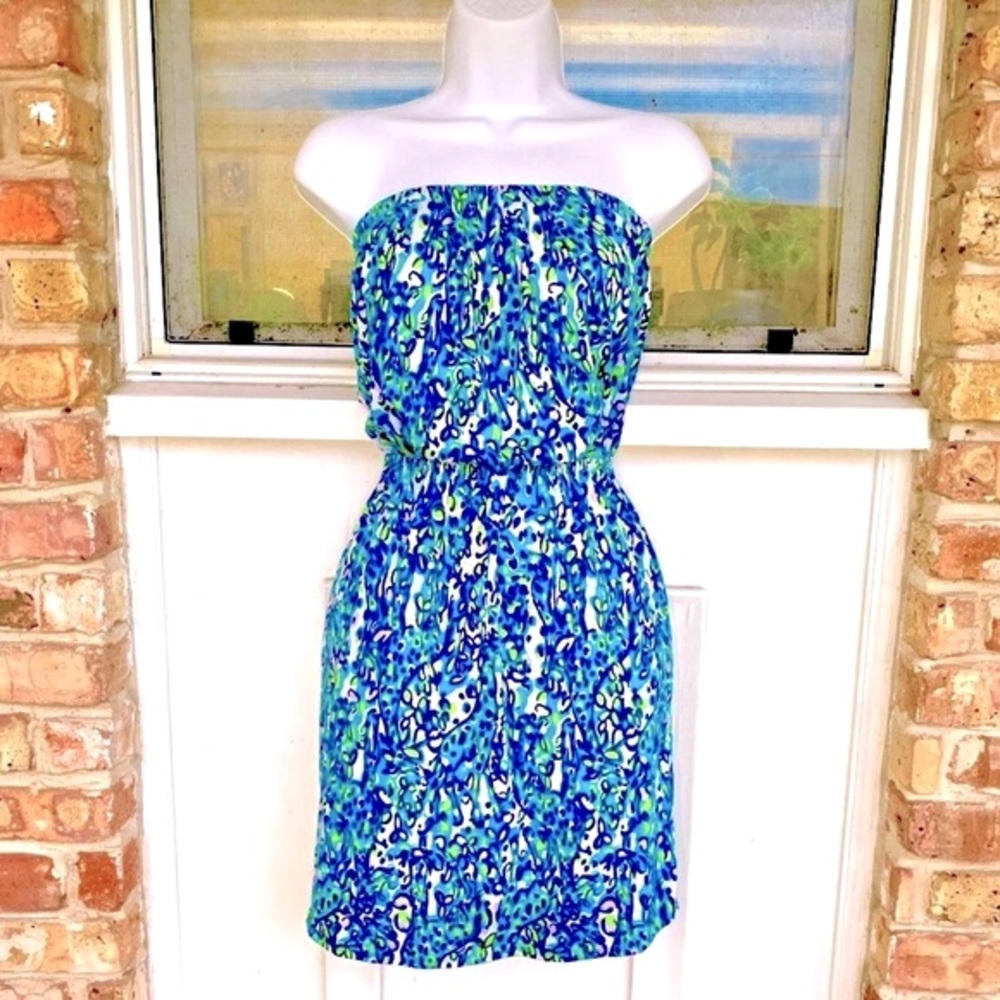 Lilly Pulitzer NEW Windsor Sea Blue Printed Strapless Pull-On Dress NWOT Sz XS - Picture 3 of 7